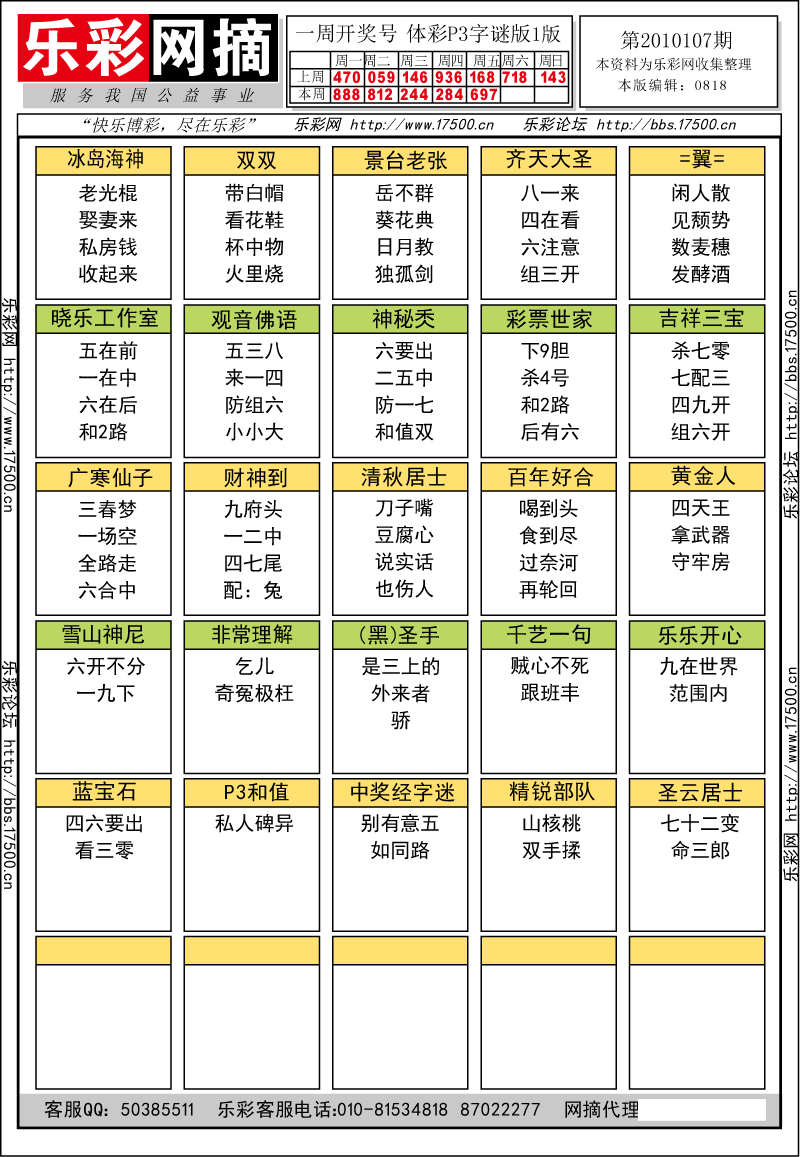 排列三第2010107期字谜总汇