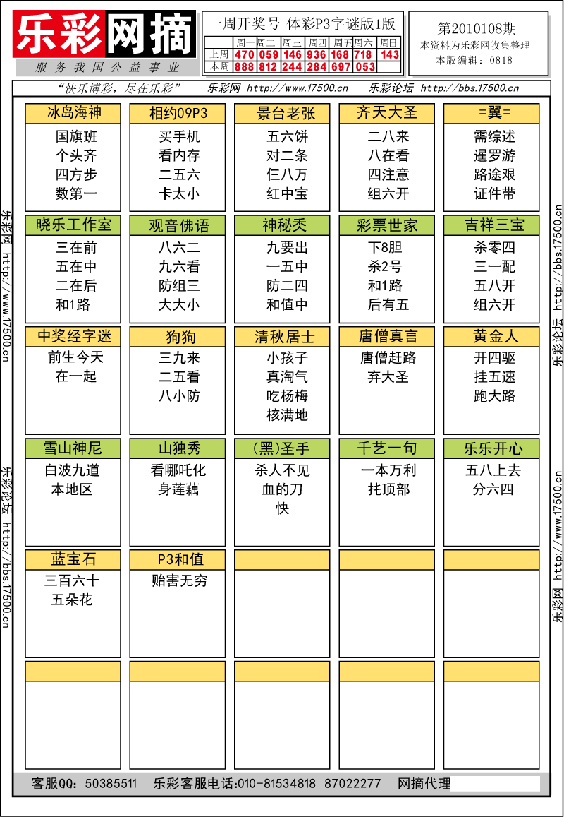 排列三第2010108期字谜总汇