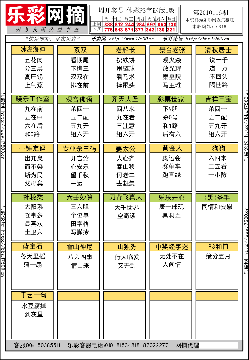 排列三第2010116期字谜总汇