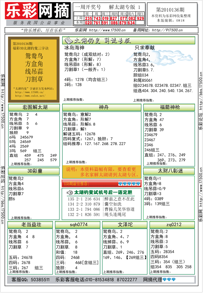 福彩3D第2010136期解太湖钓叟总汇