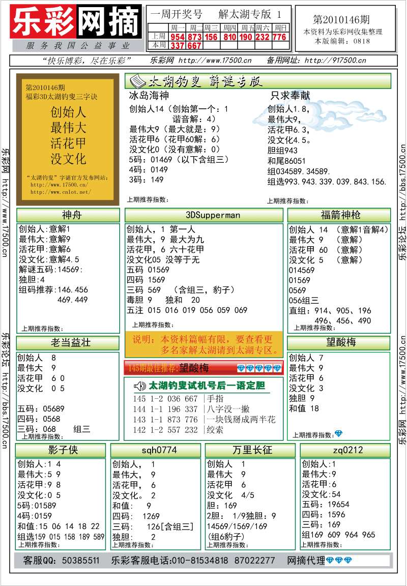 福彩3D第2010146期解太湖钓叟总汇