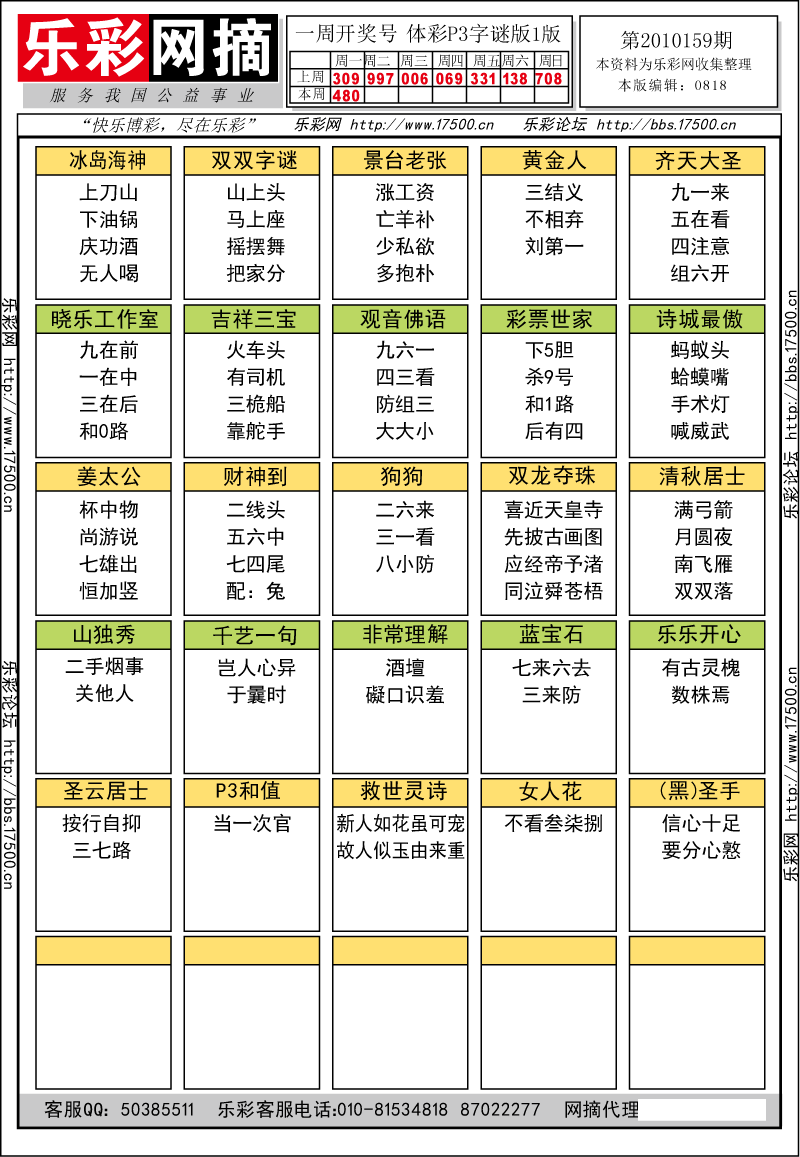 排列三第2010159期字谜总汇