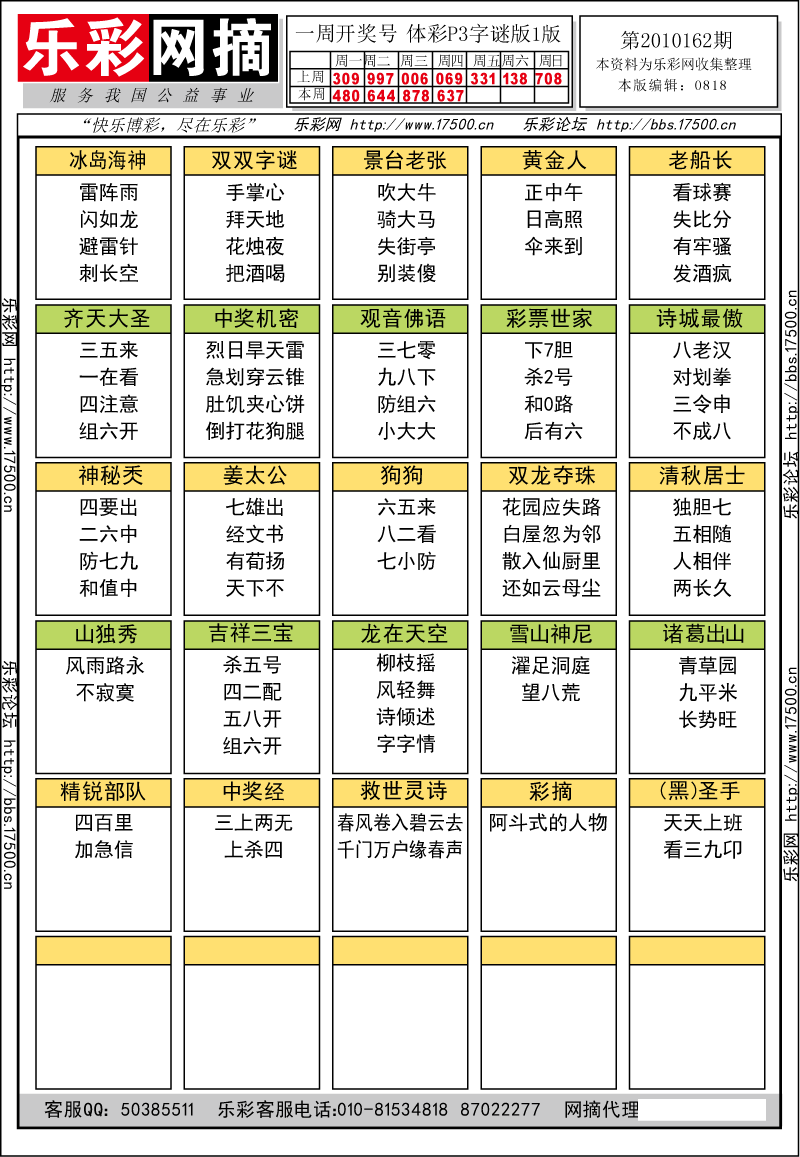 排列三第2010162期字谜总汇