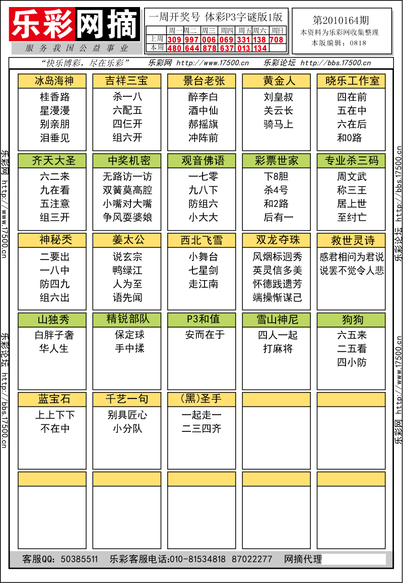 排列三第2010164期字谜总汇