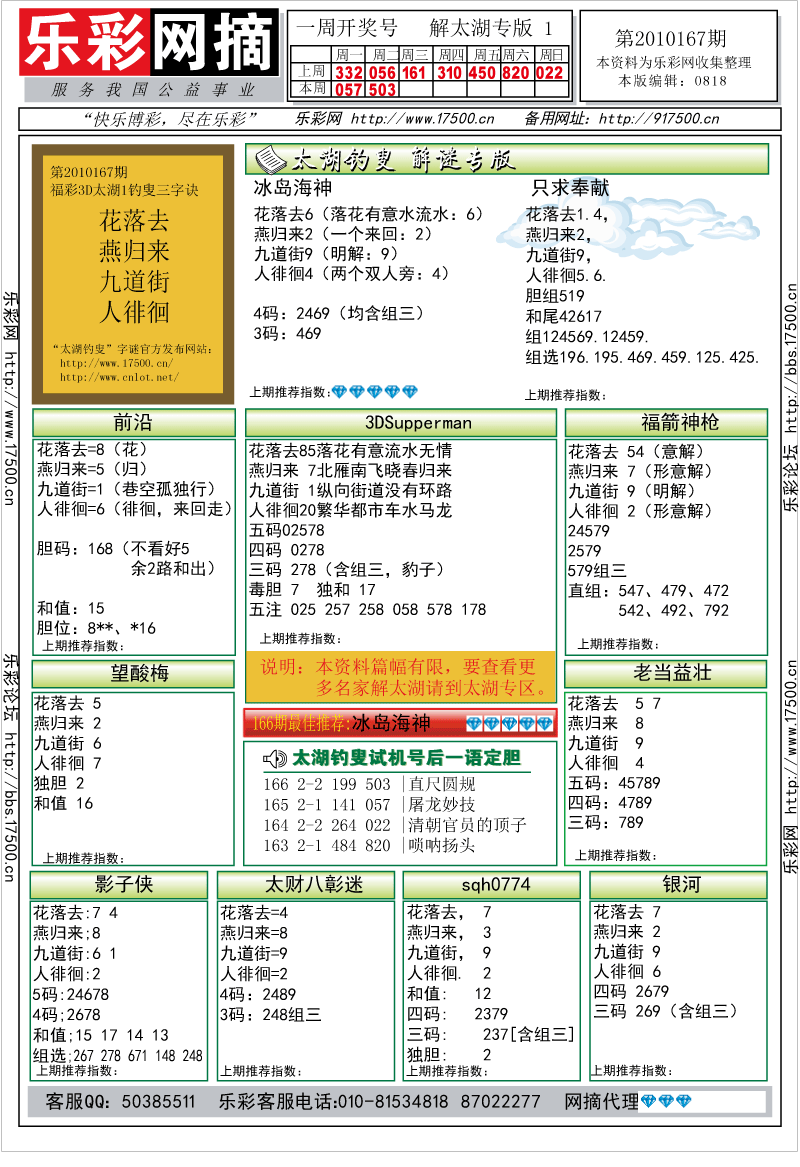 福彩3D第2010167期解太湖钓叟总汇