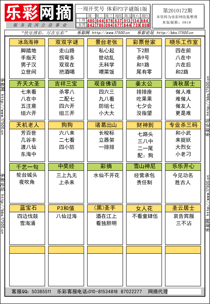 排列三第2010172期字谜总汇