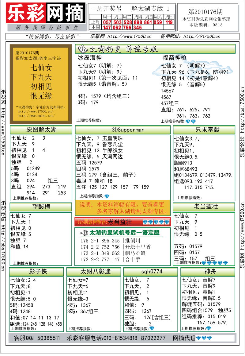 福彩3D第2010176期解太湖钓叟总汇