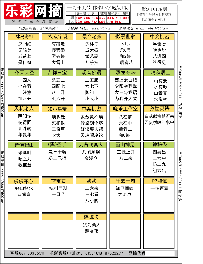 排列三第2010178期字谜总汇