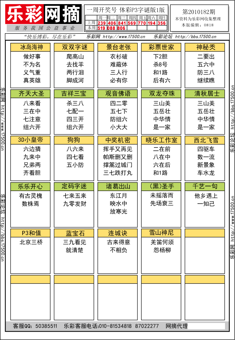 排列三第2010182期字谜总汇