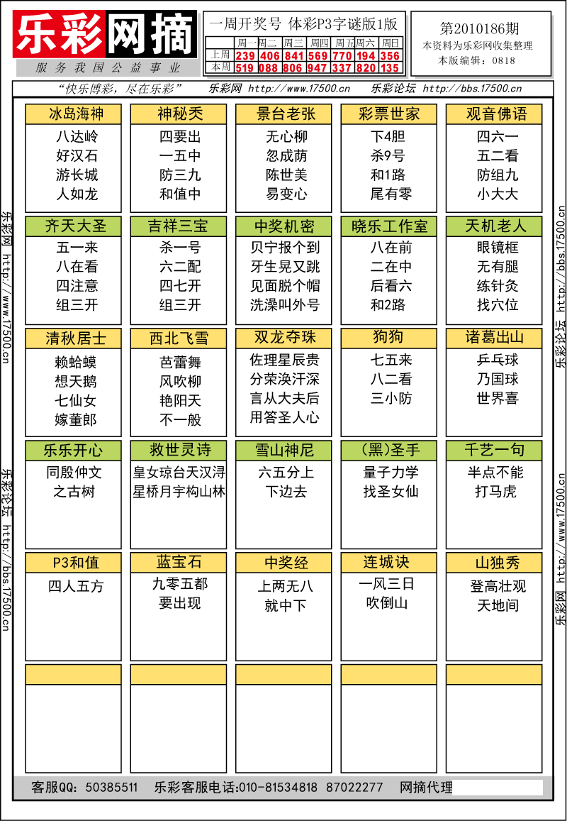 排列三第2010186期字谜总汇