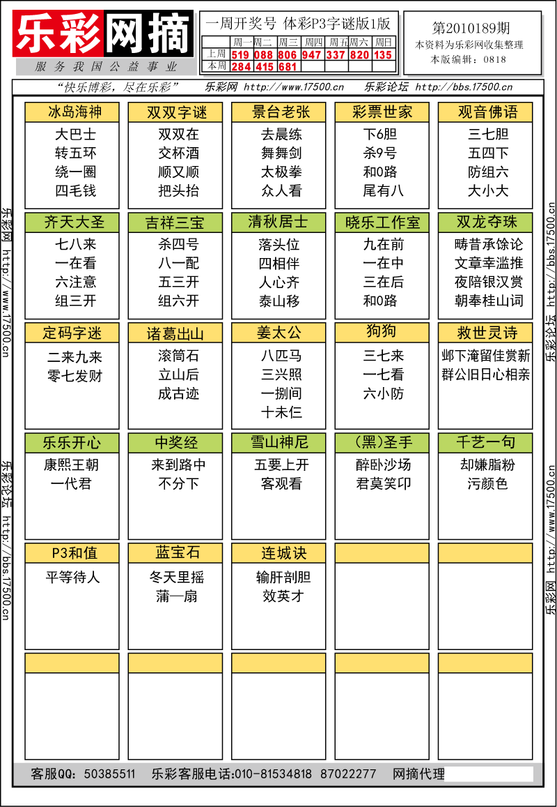 排列三第2010189期字谜总汇