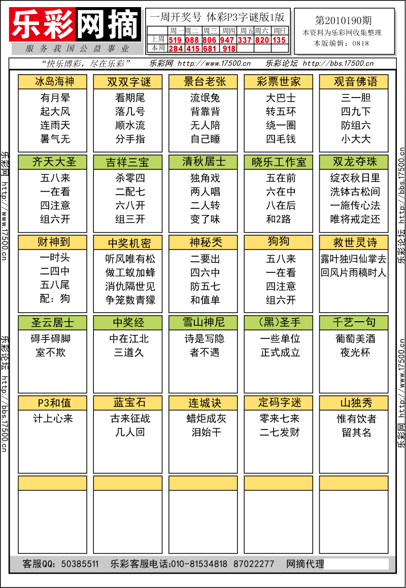 排列三第2010190期字谜总汇