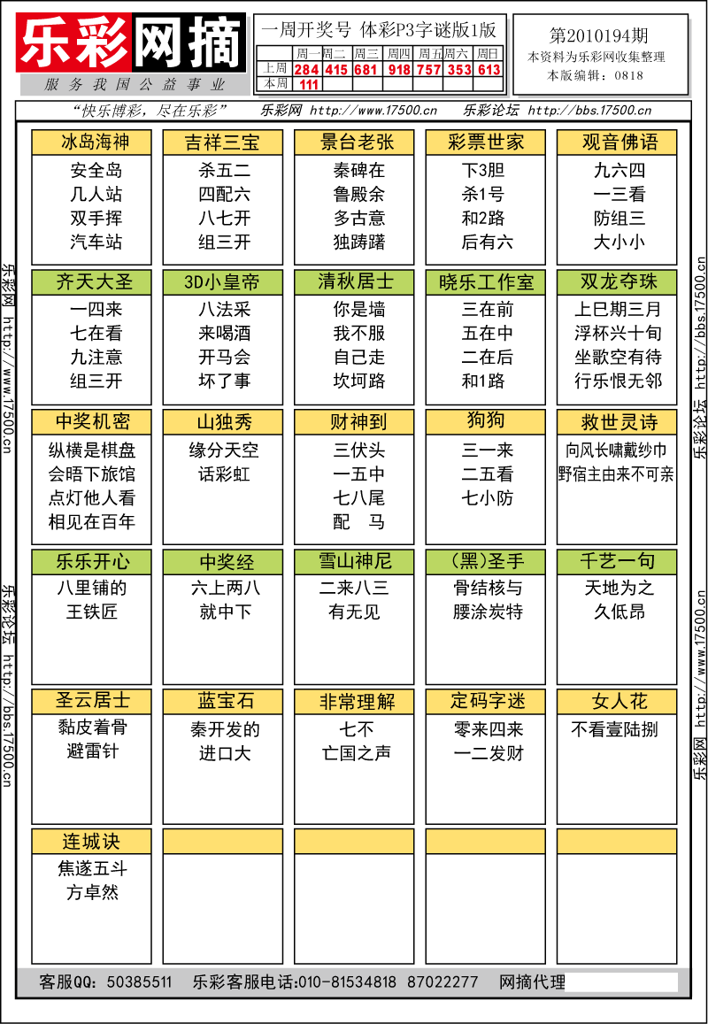 排列三第2010194期字谜总汇