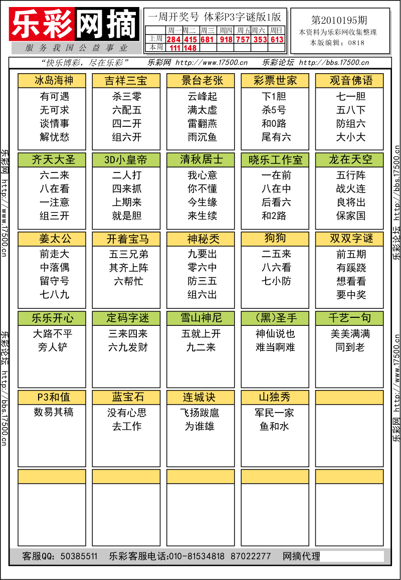 排列三第2010195期字谜总汇