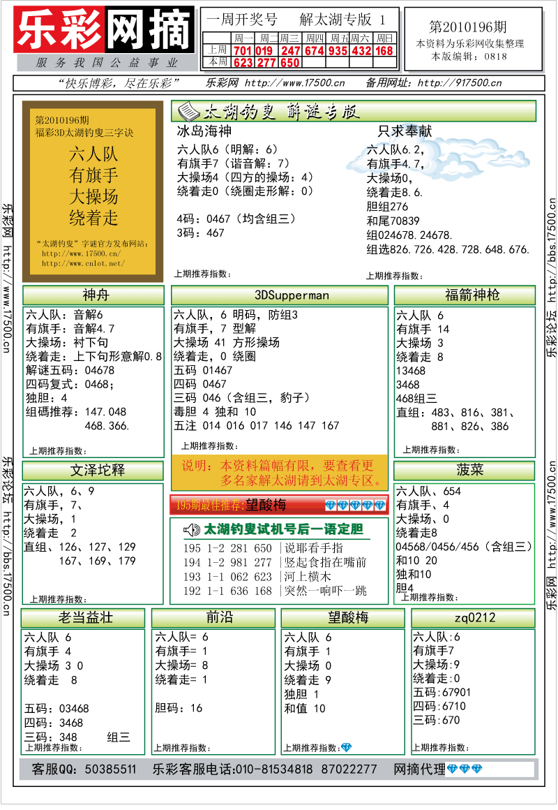 福彩3D第2010196期解太湖钓叟总汇