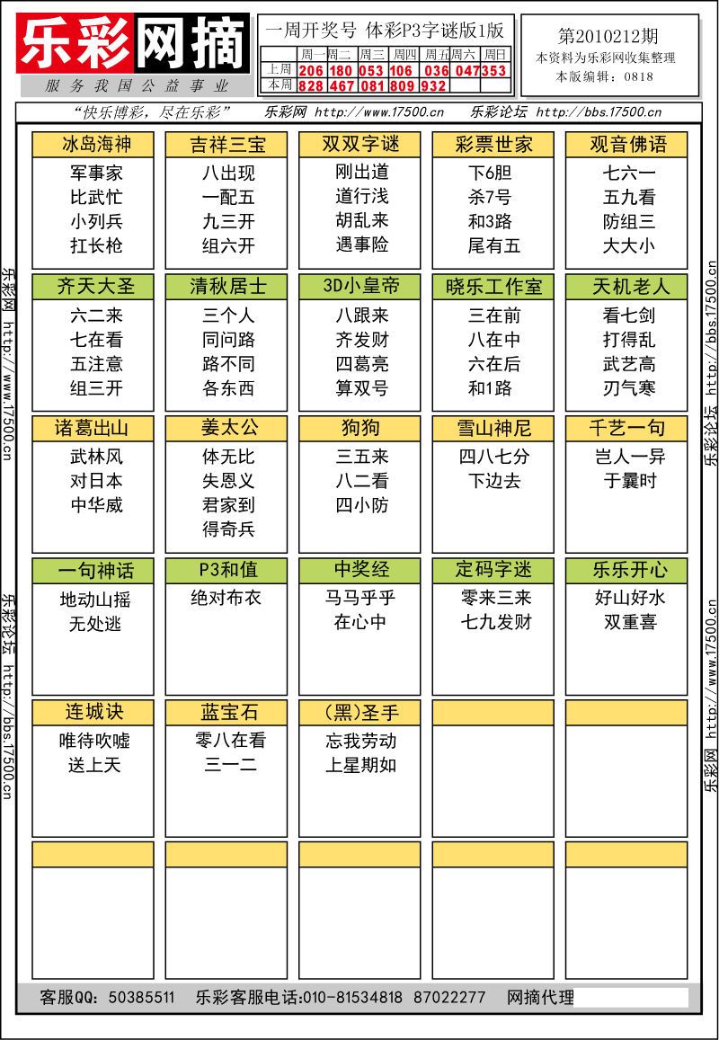 排列三第2010212期字谜总汇