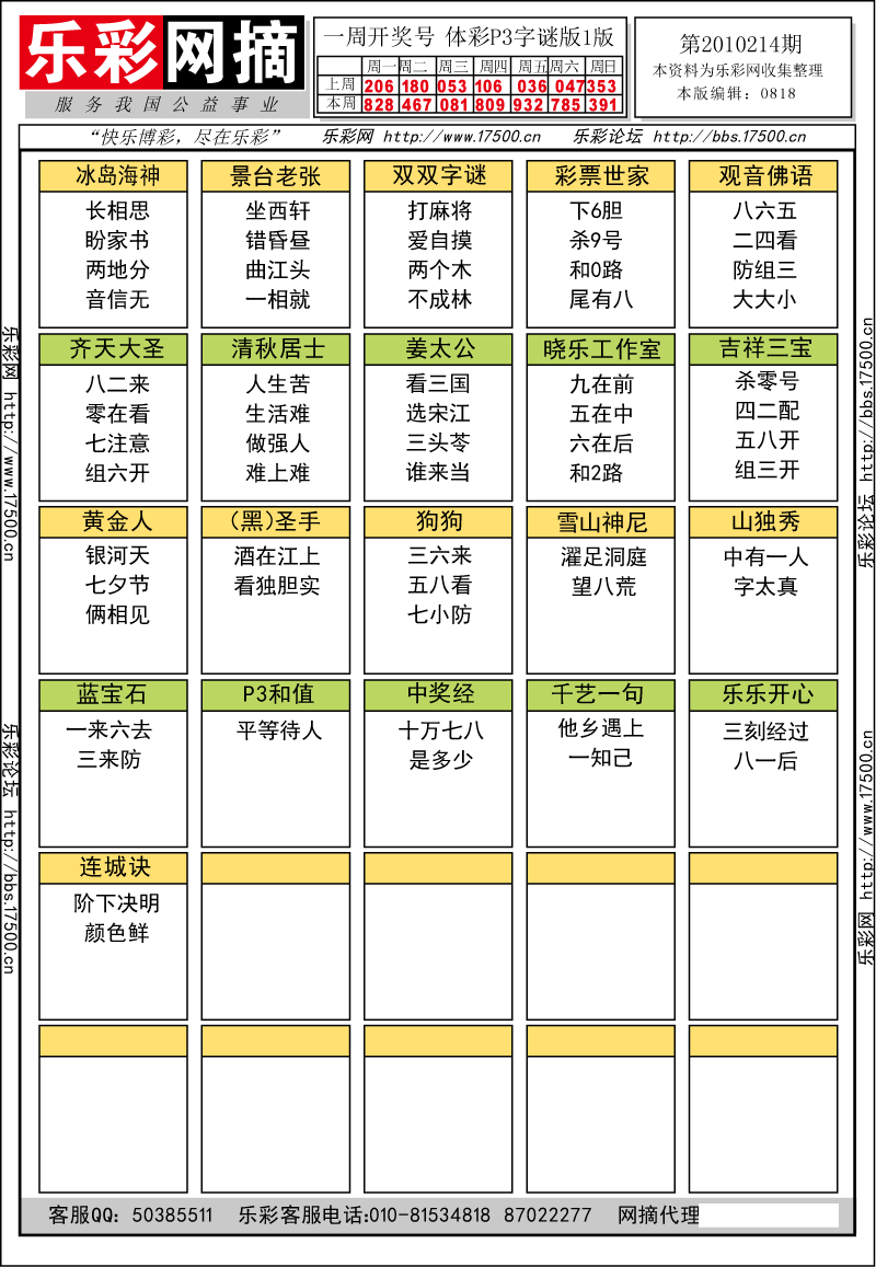 排列三第2010214期字谜总汇