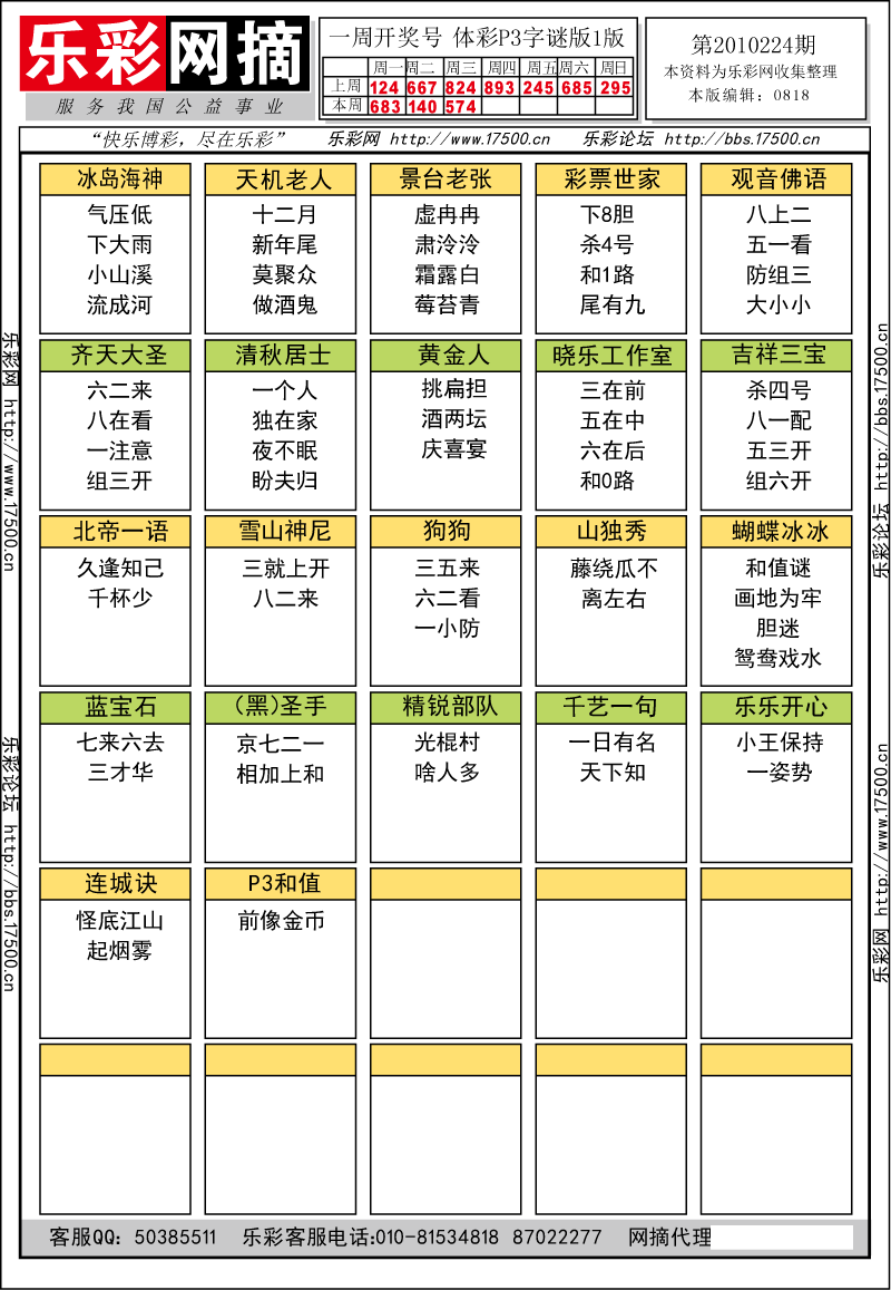 排列三第2010224期字谜总汇