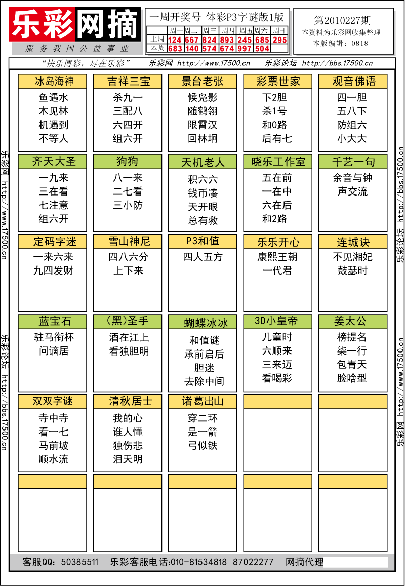 排列三第2010227期字谜总汇