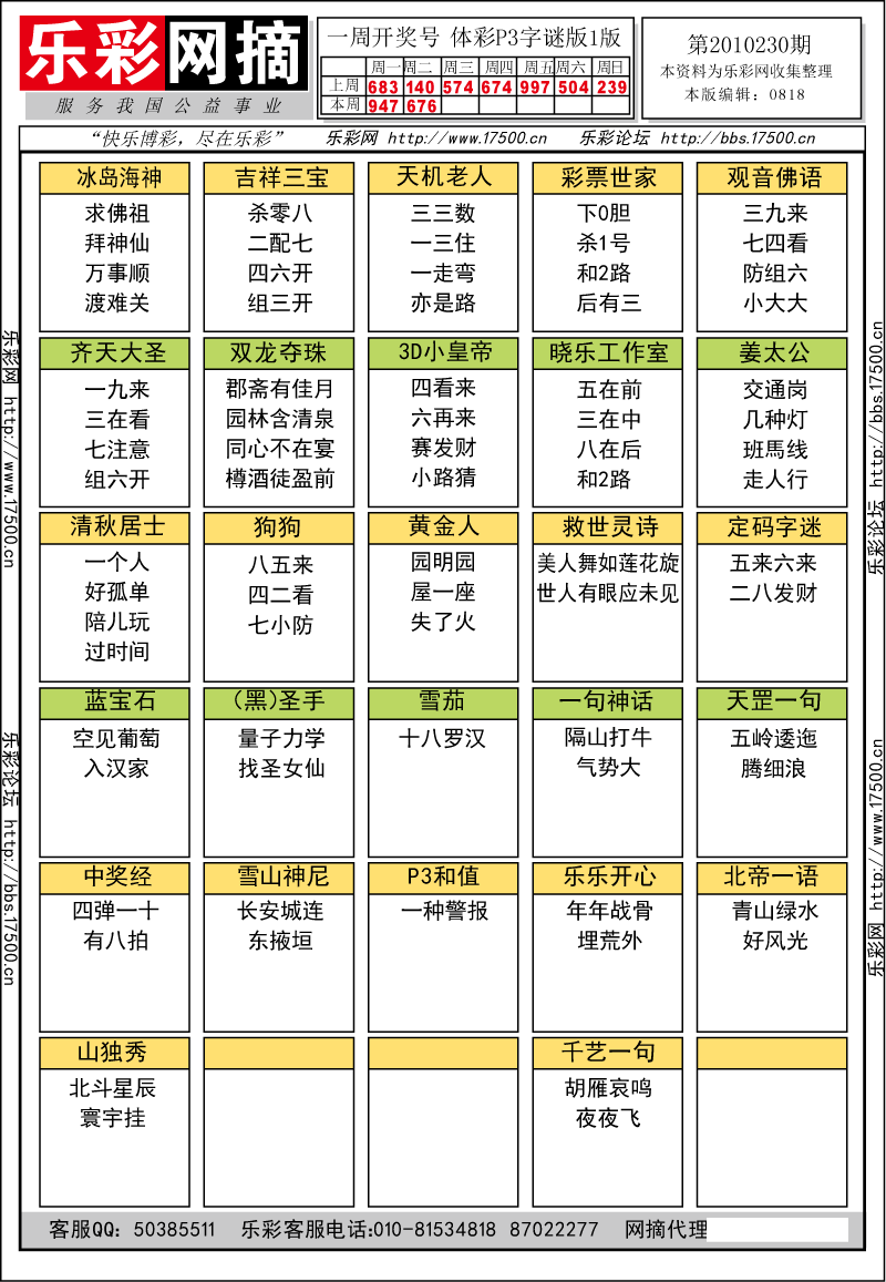 排列三第2010230期字谜总汇