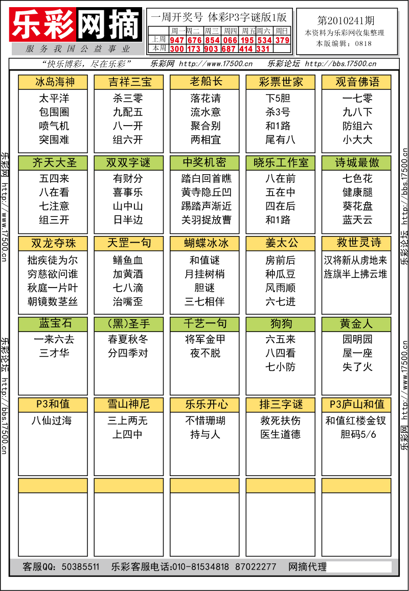 排列三第2010241期字谜总汇