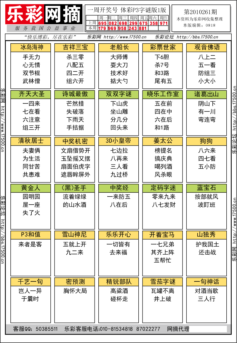 排列三第2010261期字谜总汇