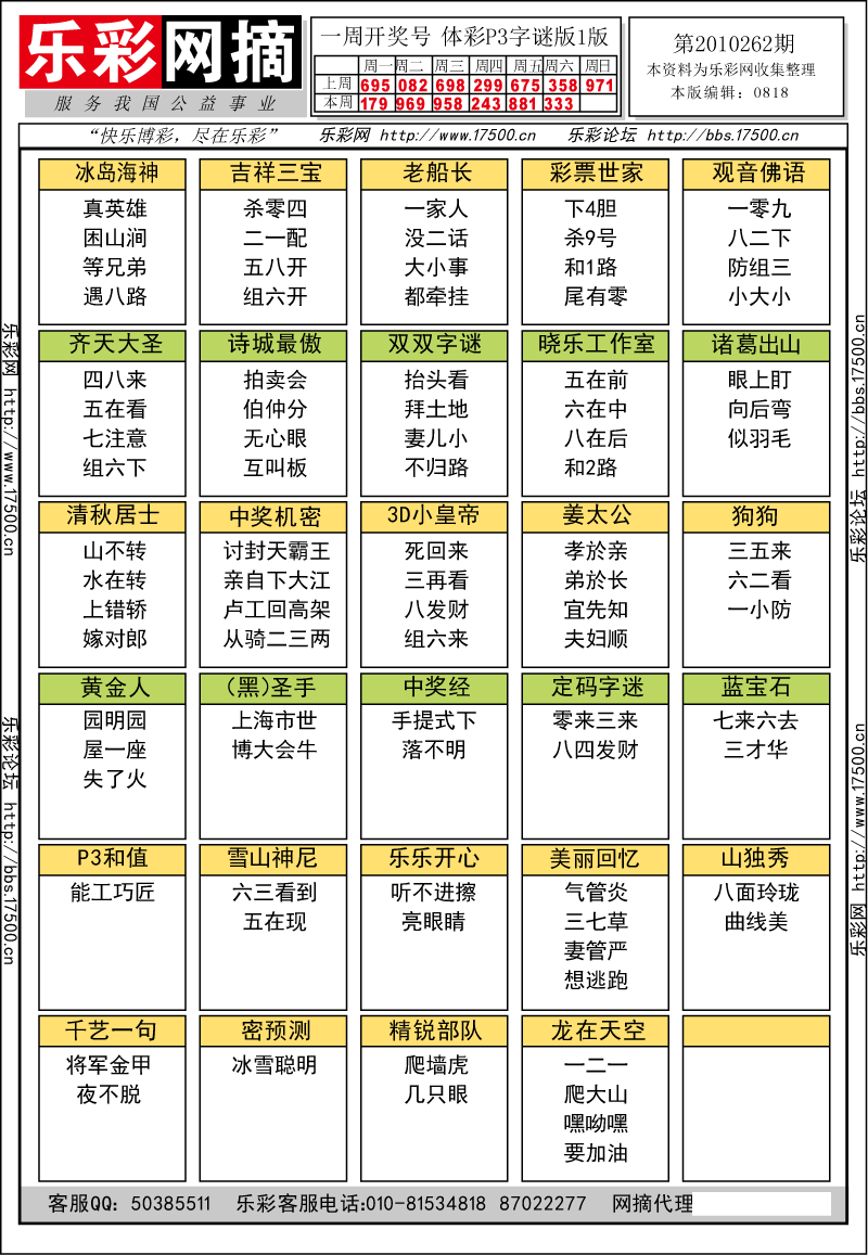 排列三第2010262期字谜总汇