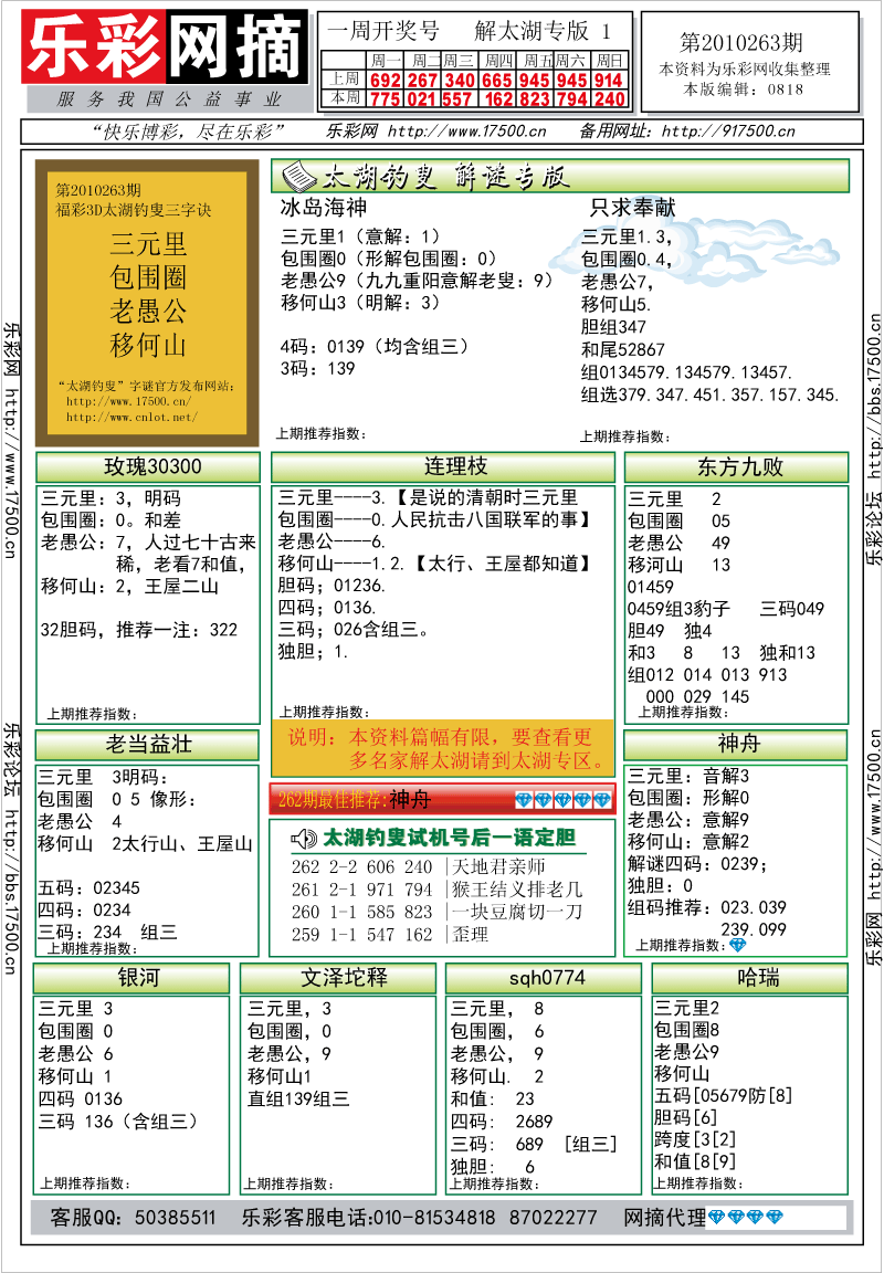 福彩3D第2010263期解太湖钓叟总汇