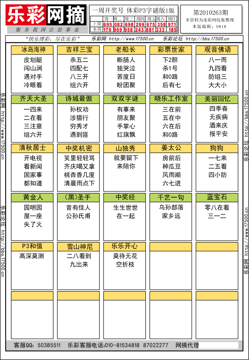 排列三第2010263期字谜总汇