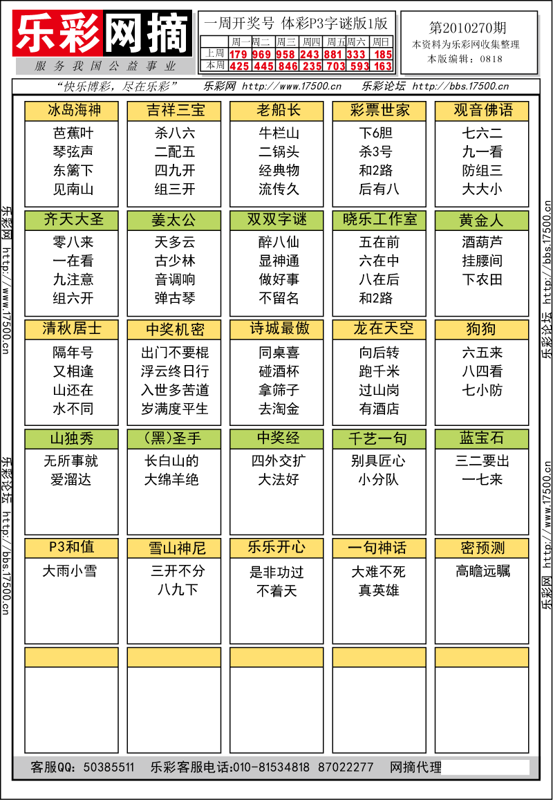 排列三第2010270期字谜总汇