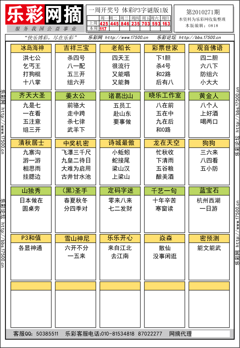 排列三第2010271期字谜总汇