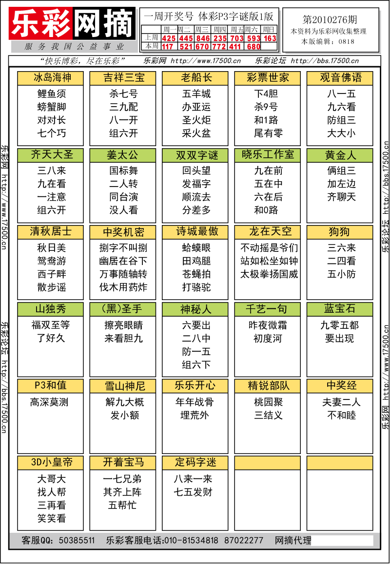 排列三第2010276期字谜总汇