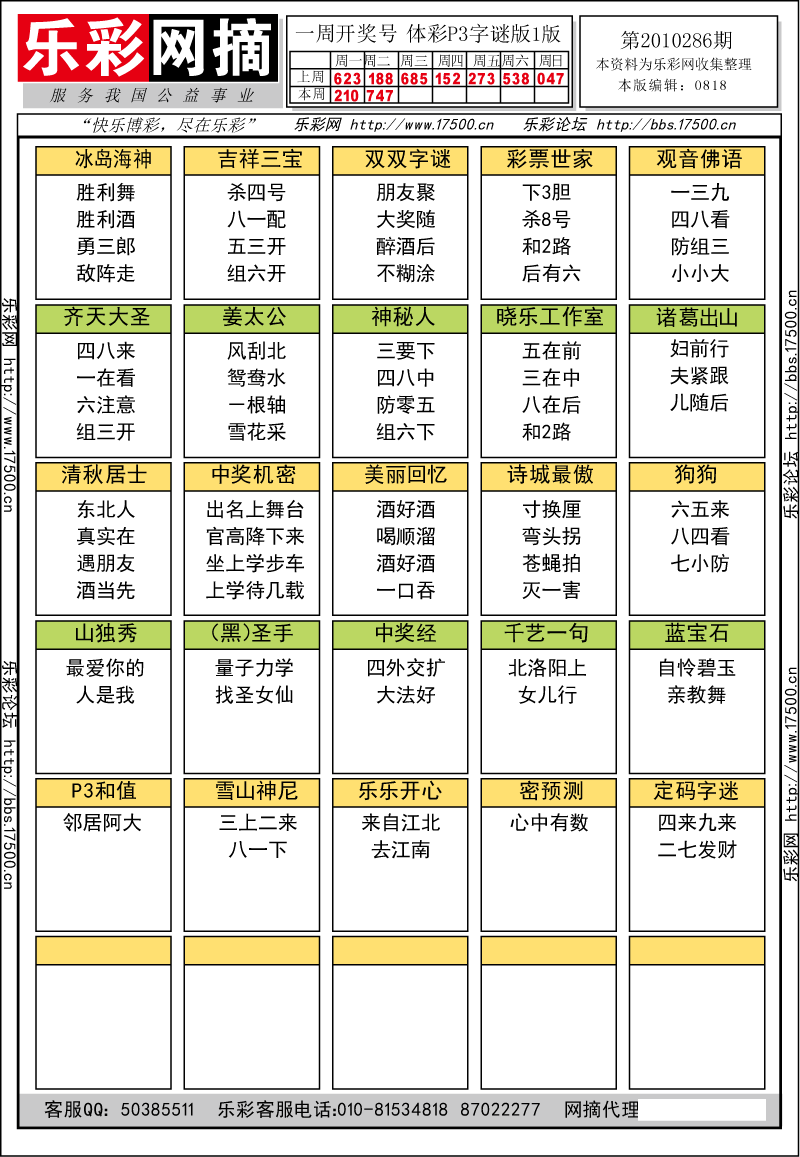 排列三第2010286期字谜总汇