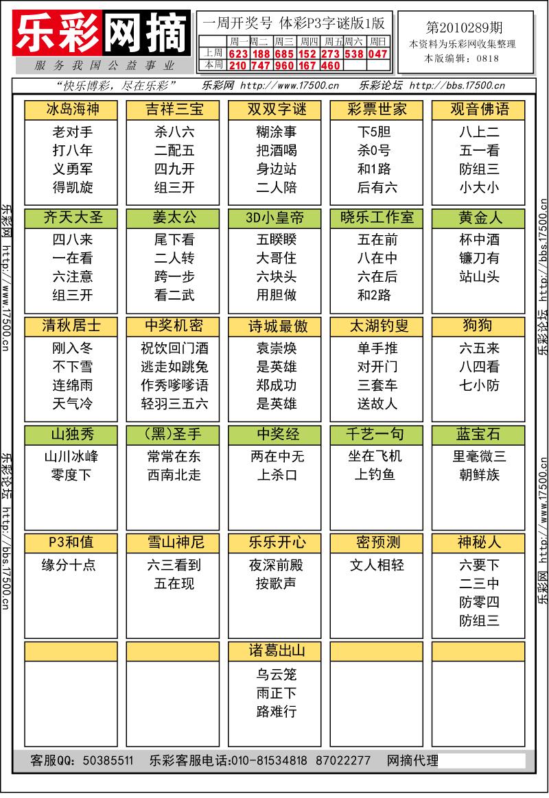 排列三第2010289期字谜总汇