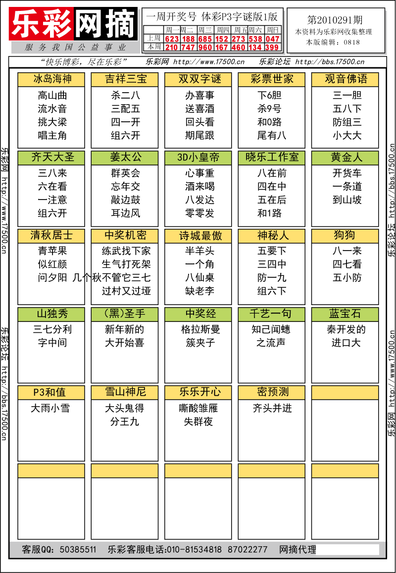 排列三第2010291期字谜总汇