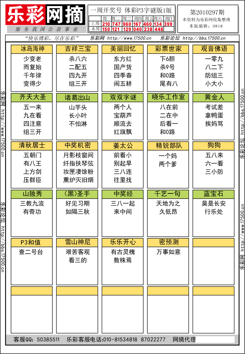 排列三第2010296期字谜总汇