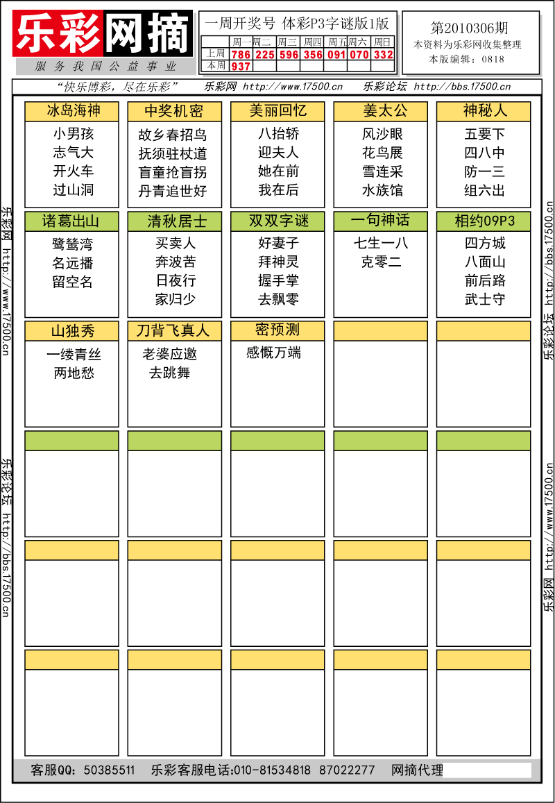 排列三第2010306期字谜总汇