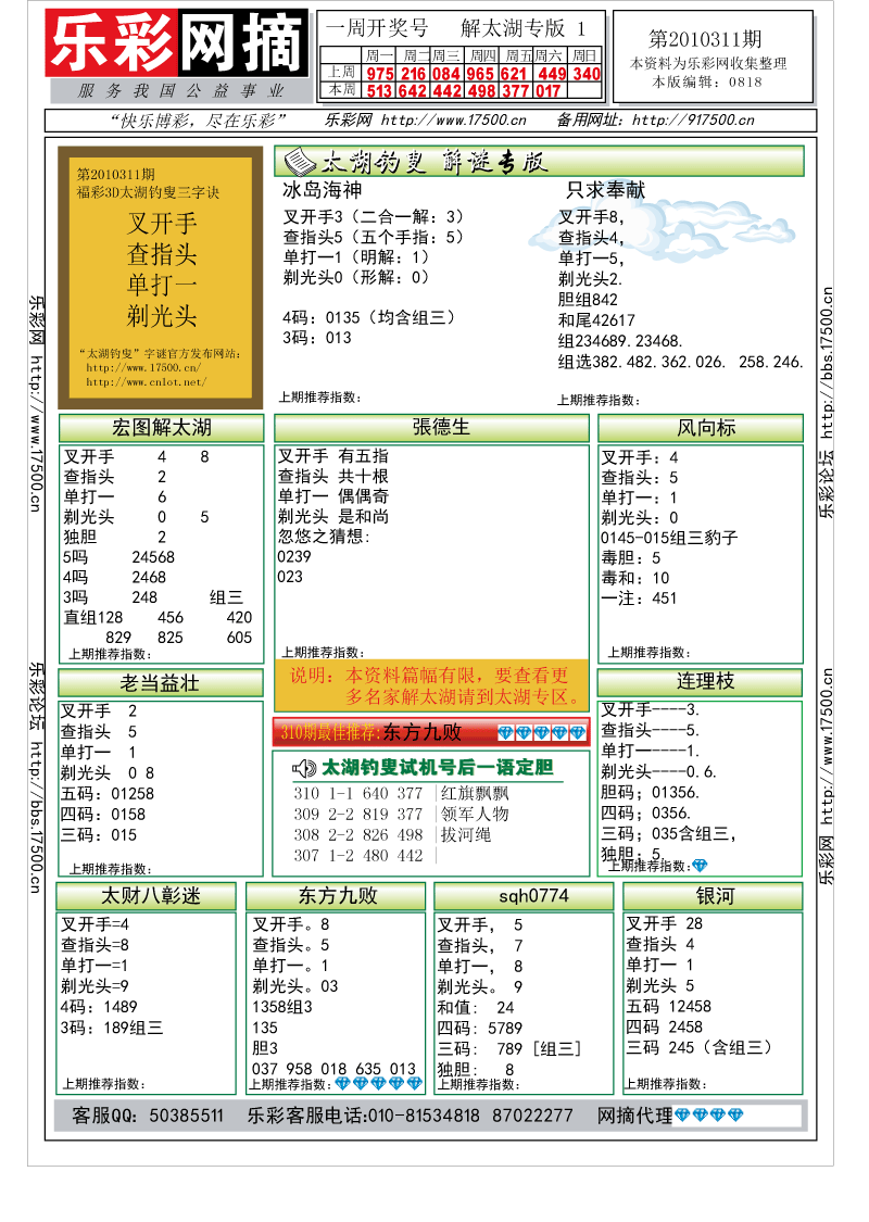 福彩3D第2010311期解太湖钓叟总汇