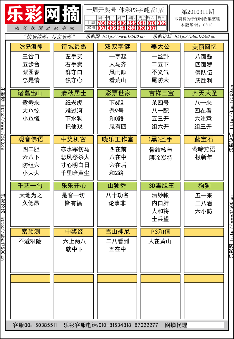 排列三第2010311期字谜总汇