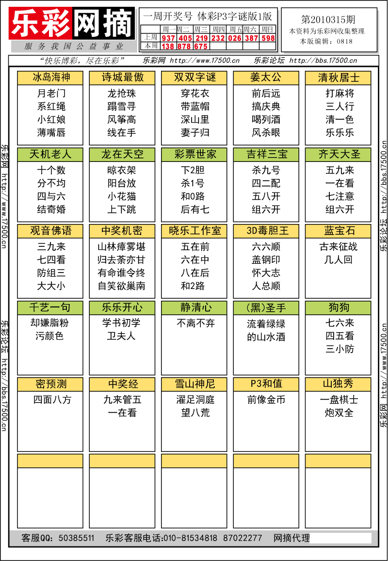 排列三第2010315期字谜总汇