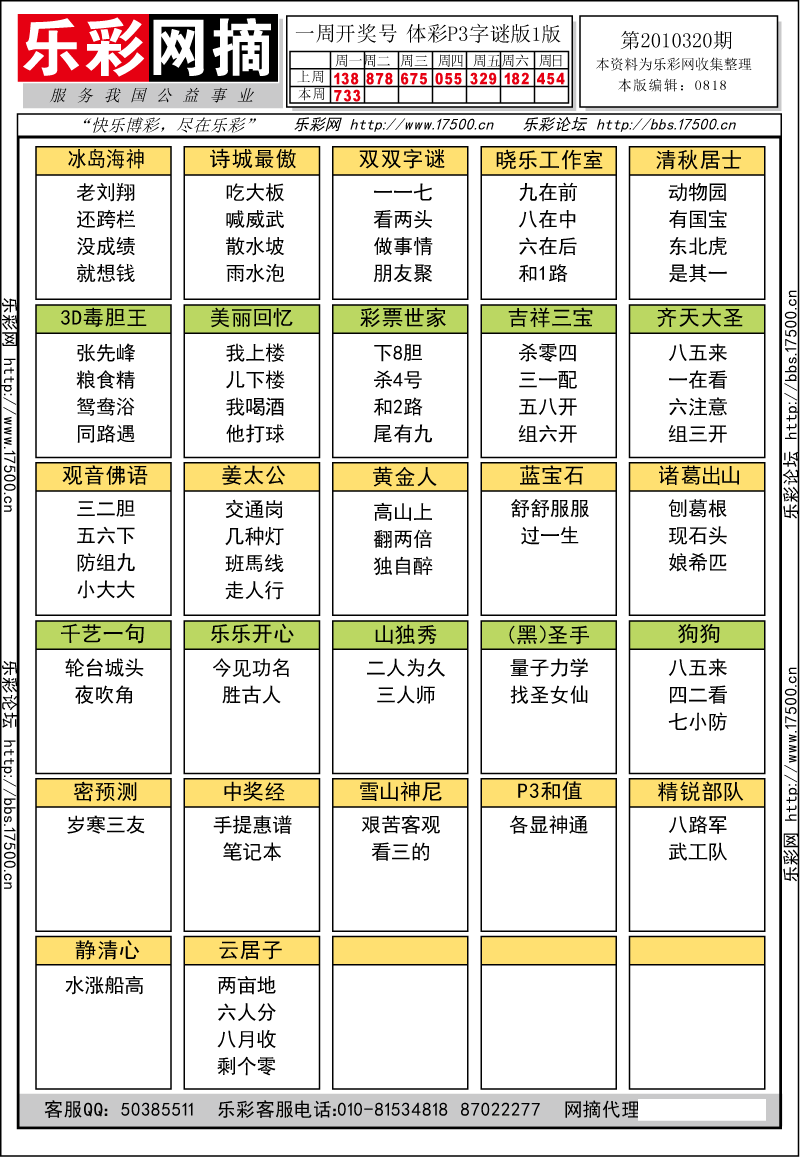 排列三第2010320期字谜总汇