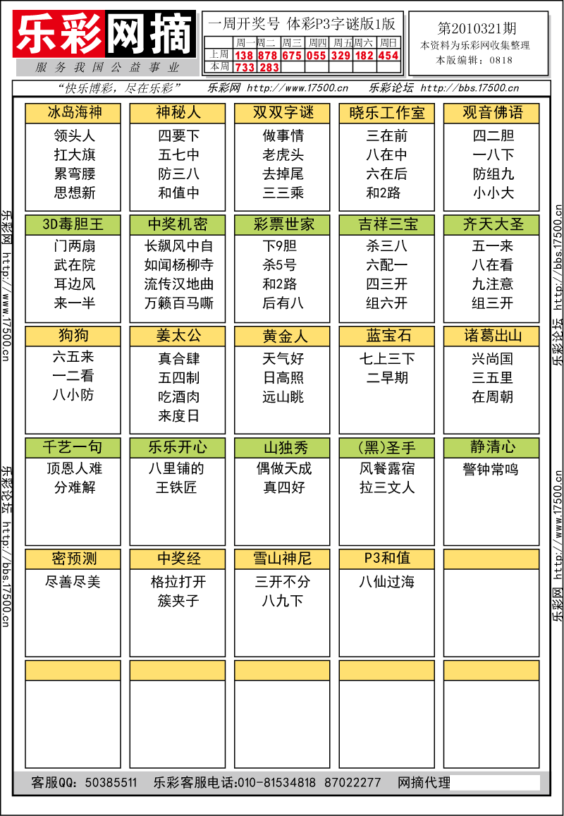 排列三第2010321期字谜总汇