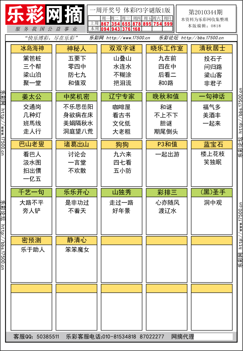 排列三第2010344期字谜总汇