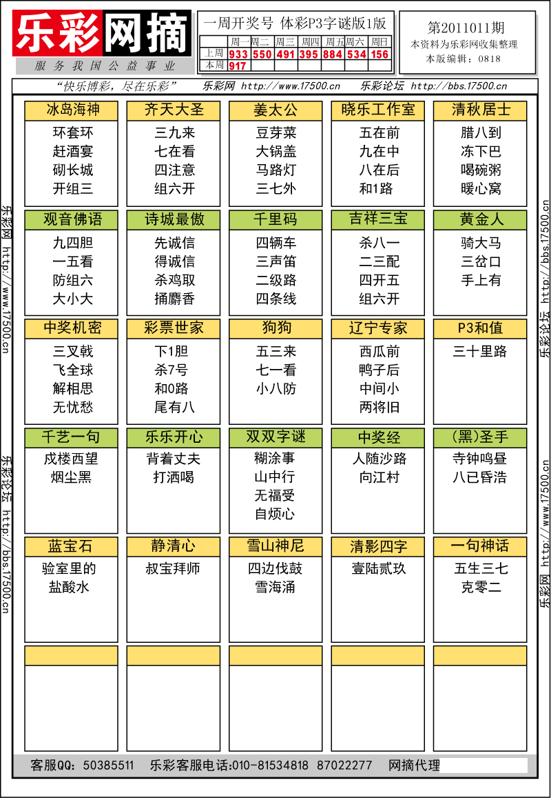 排列三第2011010期字谜总汇