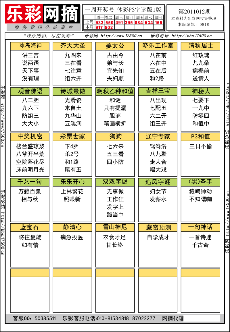 排列三第2011010期字谜总汇