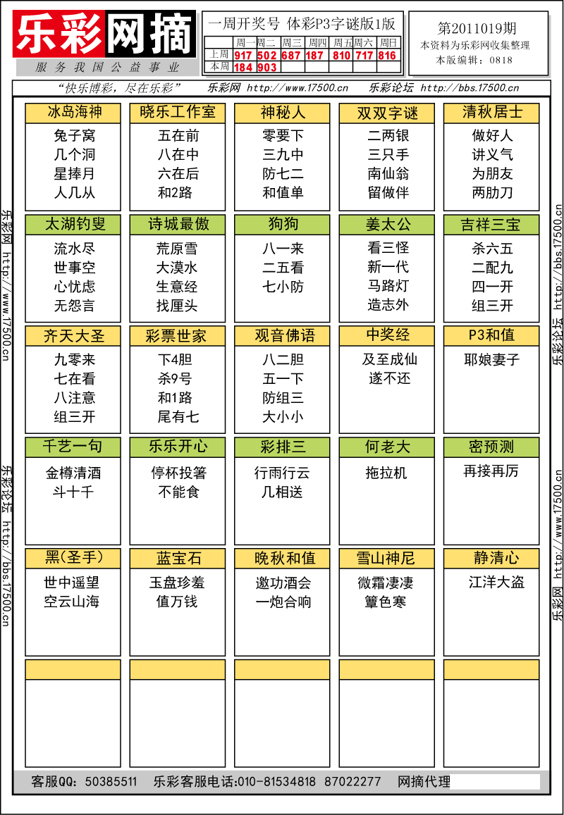 排列三第2011010期字谜总汇