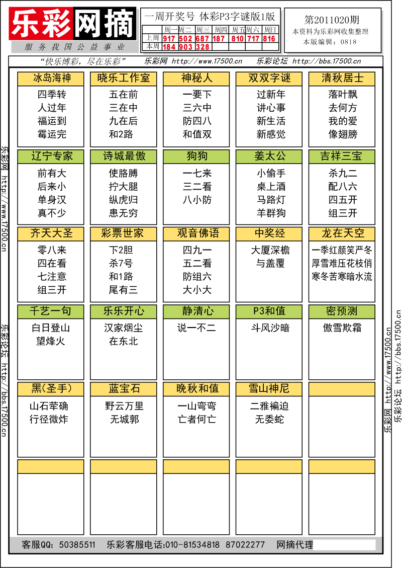 排列三第2011010期字谜总汇