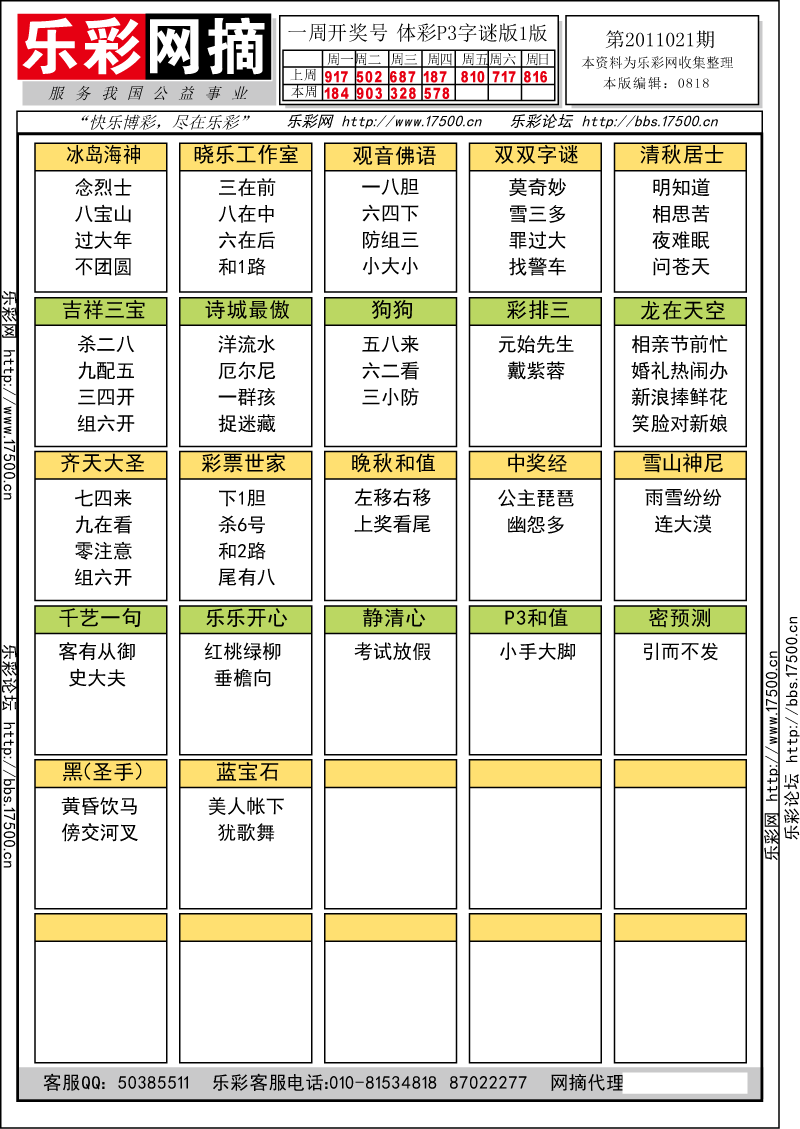 排列三第2011010期字谜总汇