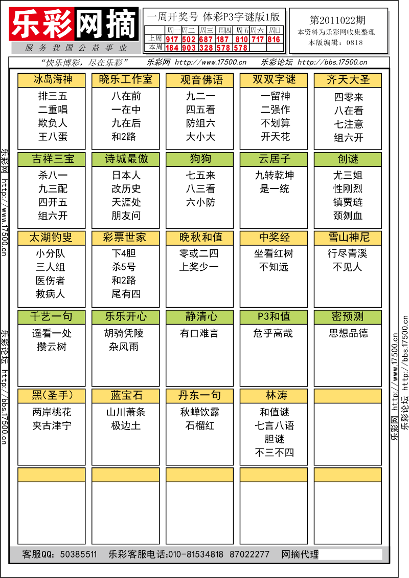 排列三第2011022期字谜总汇