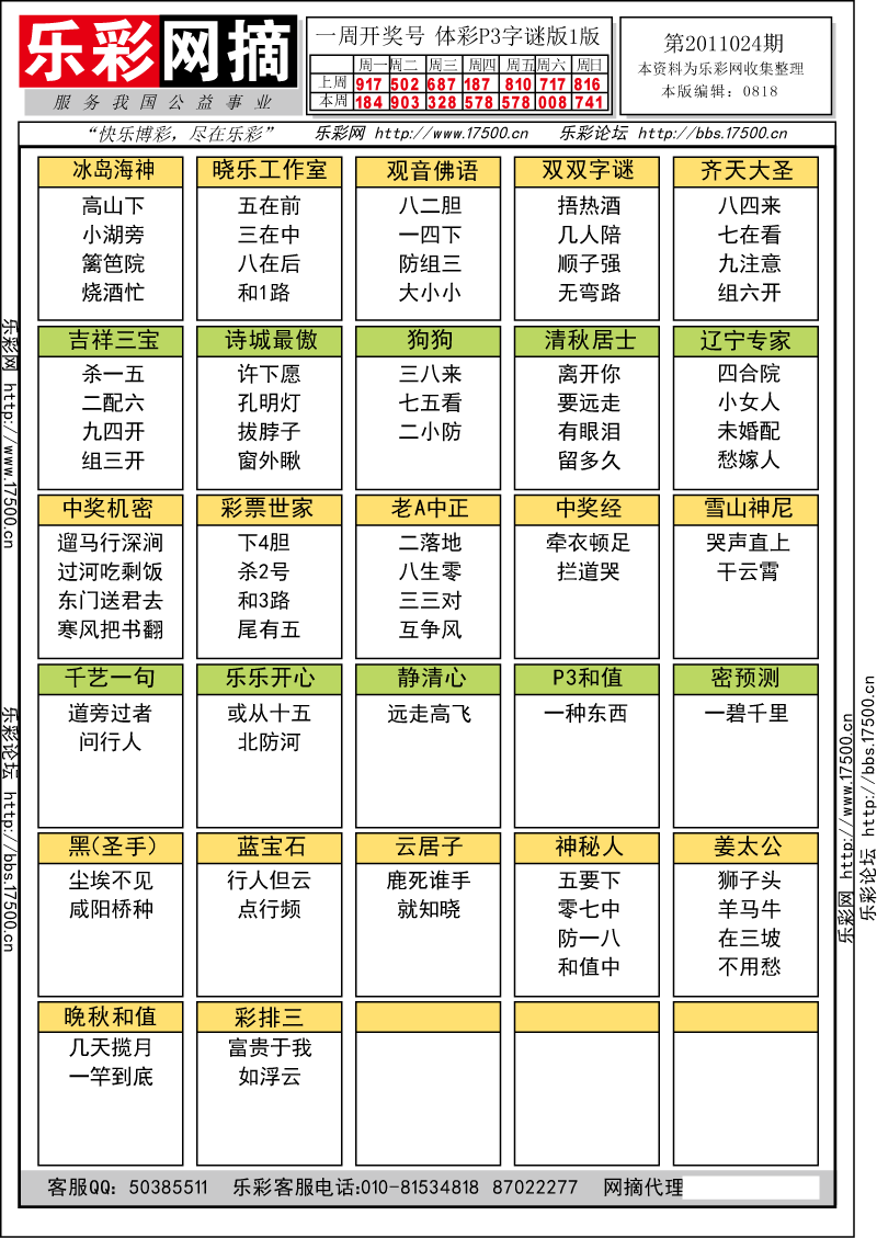 排列三第2011024期字谜总汇